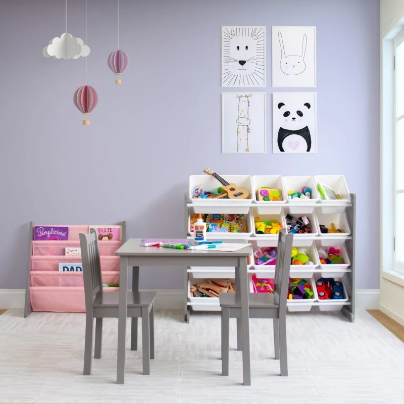 Детска Дървена Маса с 2 Столчета, Комплект за Учене, Рисуване, Игра, Хранене, за Детска Стая, Сиво